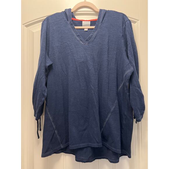 Sunday Women’s V-Neck Hooded Soft Long Sleeve Raw Hem Pullover Top Size XL Blue - Picture 1 of 3